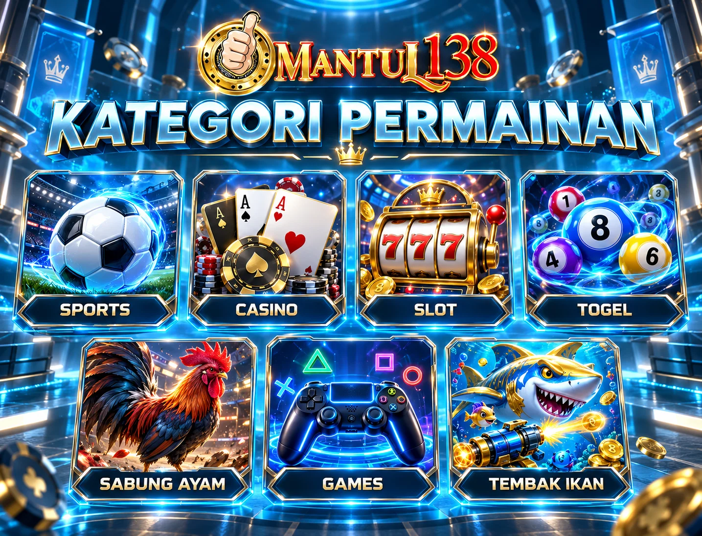 Ilustrasi tujuh kategori permainan MANTUL138 pada perangkat mobile