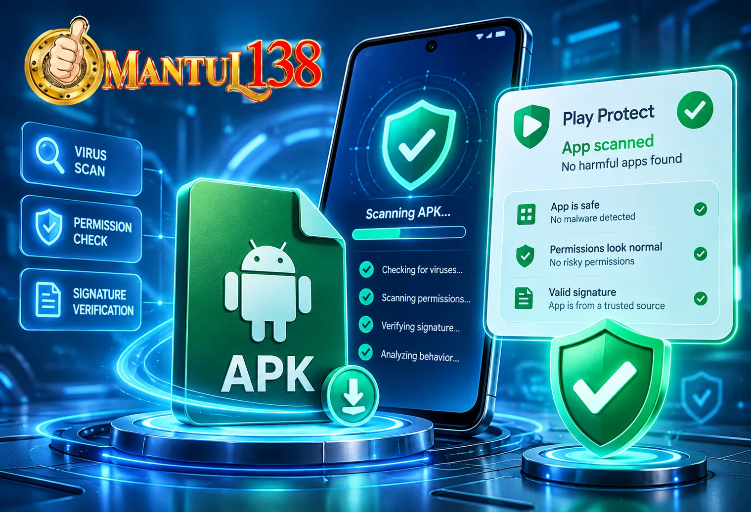 Ilustrasi pemeriksaan berkas APK MANTUL138 dengan Play Protect