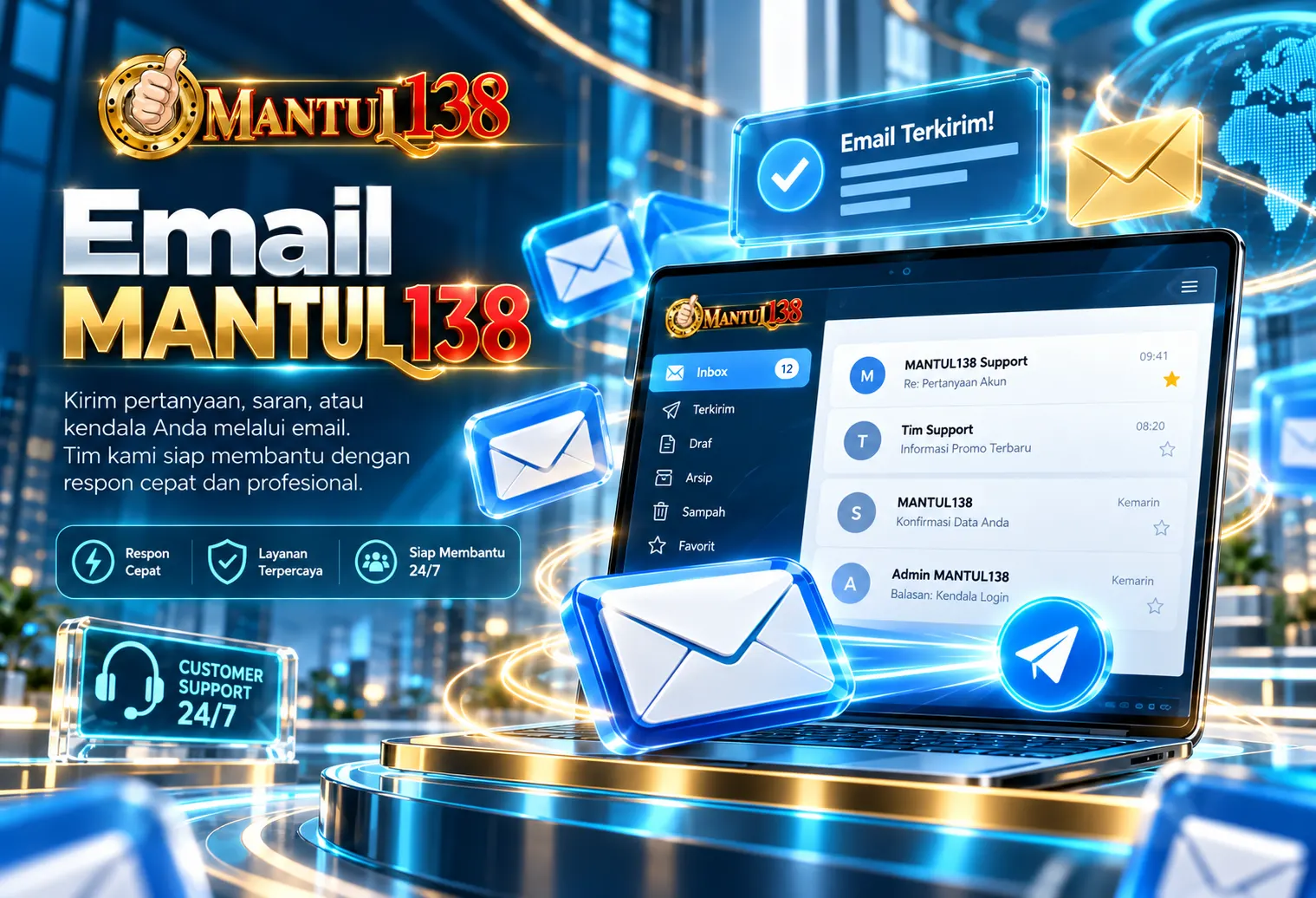 Ilustrasi pengiriman email ke kanal layanan MANTUL138