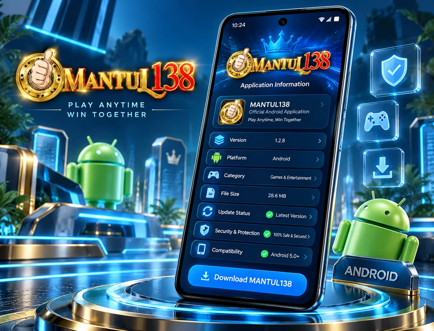 Profil aplikasi MANTUL138 App pada layar smartphone Android